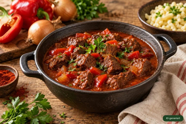 Klassisches Rindergulasch mit Paprika
