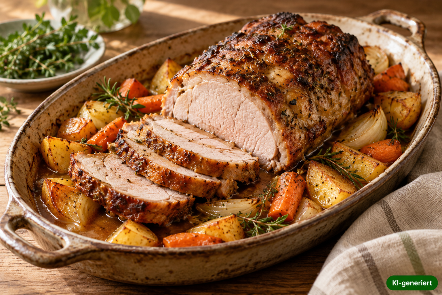 Saftiger Schweinebraten mit Kartoffeln und Ofengemüse