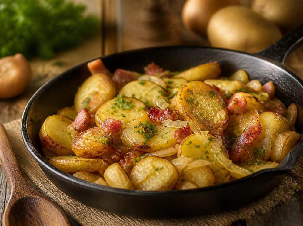Knusprige Bratkartoffeln mit Speck und Zwiebeln in der Pfanne
