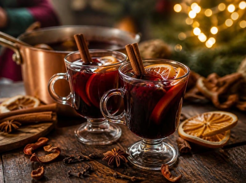 Zwei Gläser Glühwein mit Orangenscheiben und Zimtstangen