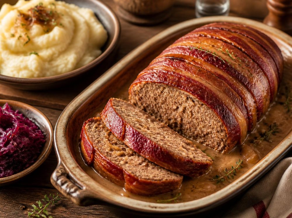 Saftiger Hackbraten mit Speck und Rahmsoße