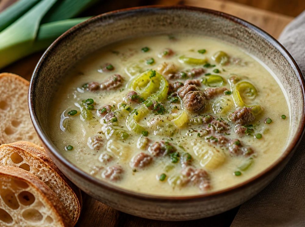 Käse-Lauch-Suppe mit Hackfleisch