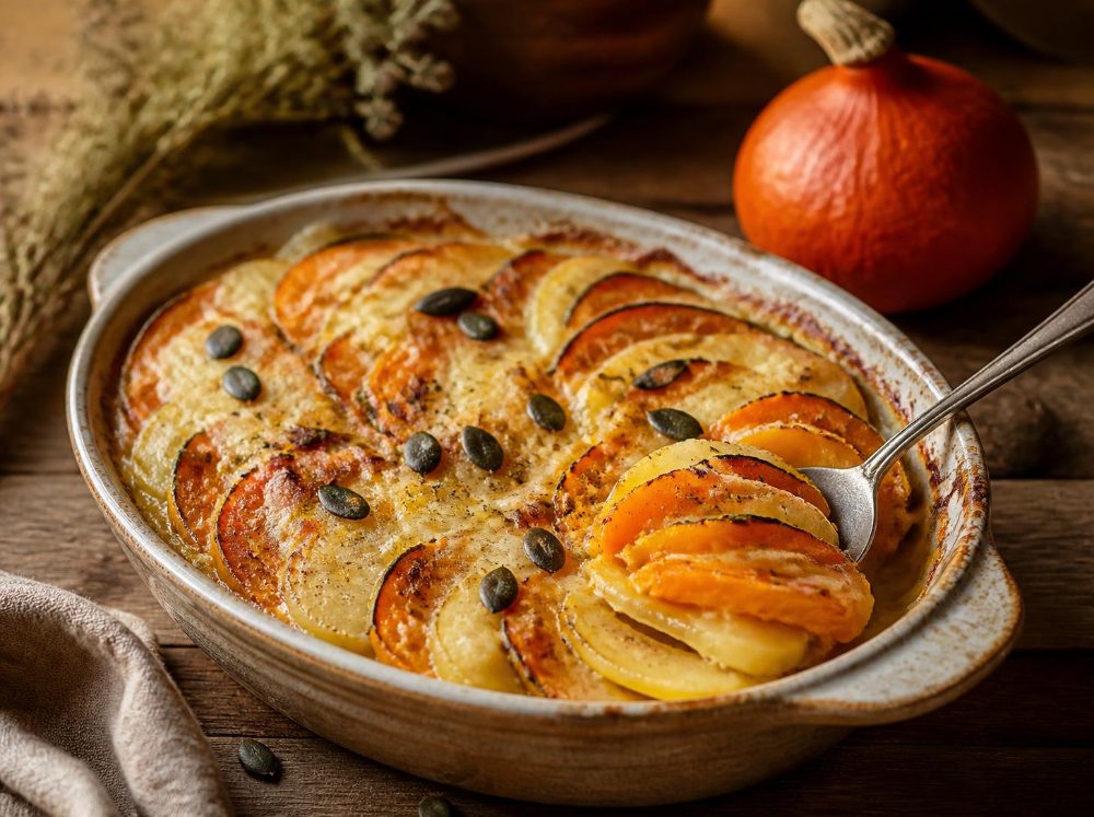 Kürbis-Kartoffel-Auflauf mit Käse überbacken