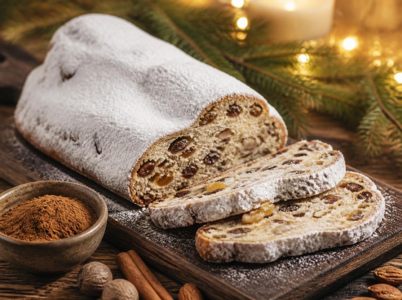 Christstollen mit Puderzucker, angeschnitten