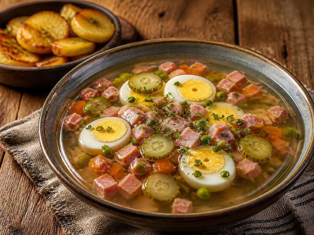 Tellersülze mit Schinken, Gemüse und Ei