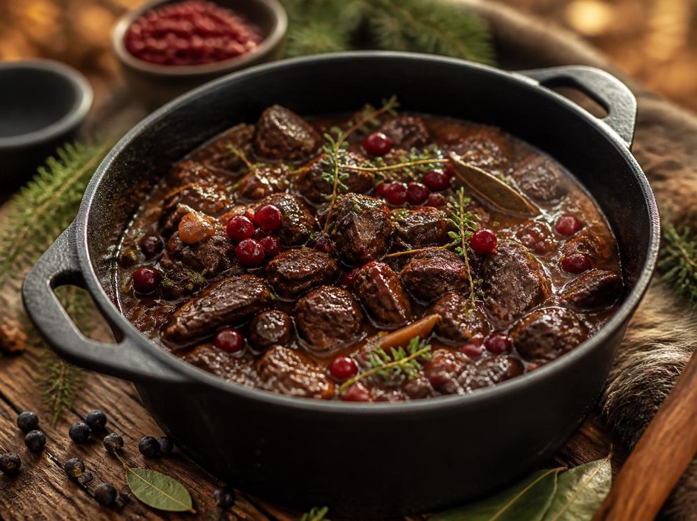 Wildgulasch mit Preiselbeeren im Schmortopf